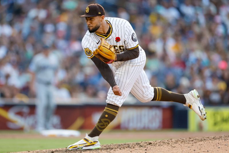 May 27, 2024; San Diego, California, USA; San Diego Padres relief pitcher Robert Suarez (75) throws a pitch during the ninth inning against the Miami Marlins at Petco Park. Mandatory Credit: David Frerker-USA TODAY Sports