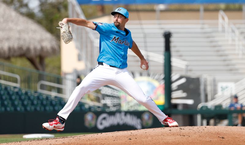 Feb 25, 2025; Jupiter, Florida, USA; Miami Marlins relief pitcher Anthony Veneziano (59) throws against the Washington Nationals during the third inning at Roger Dean Chevrolet Stadium. Mandatory Credit: Rhona Wise-Imagn Image 