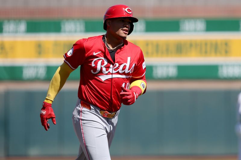 Sep 14, 2025; West Sacramento, California, USA; Cincinnati Reds right fielder Noelvi Marte (16) rounds the bases after hitting a solo home run against the Athletics during the first inning at Sutter Health Park. Mandatory Credit: Dennis Lee-Imagn Images