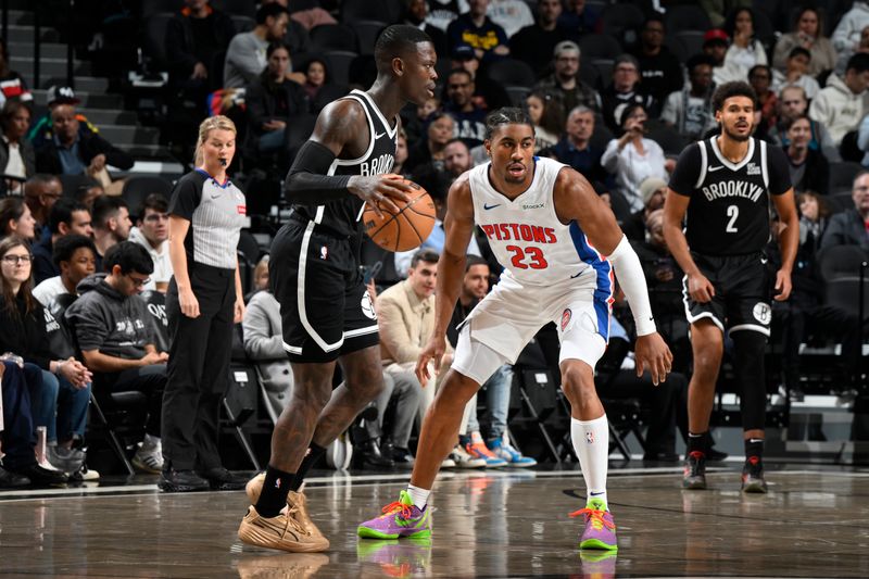 BROOKLYN, NY - NOVEMBER 3: Jaden Ivey #23 of the Detroit Pistons plays defense during the game against the Brooklyn Nets on November 3, 2024 at Barclays Center in Brooklyn, New York. NOTE TO USER: User expressly acknowledges and agrees that, by downloading and or using this Photograph, user is consenting to the terms and conditions of the Getty Images License Agreement. Mandatory Copyright Notice: Copyright 2024 NBAE (Photo by David Dow/NBAE via Getty Images)