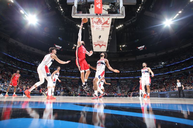 NEW ORLEANS, LA - FEBRUARY 14: Jonas Valanciunas #17 of the New Orleans Pelicans drives to the basket during the game against the Washington Wizards on February 14, 2024 at the Smoothie King Center in New Orleans, Louisiana. NOTE TO USER: User expressly acknowledges and agrees that, by downloading and or using this Photograph, user is consenting to the terms and conditions of the Getty Images License Agreement. Mandatory Copyright Notice: Copyright 2024 NBAE (Photo by Layne Murdoch Jr./NBAE via Getty Images)