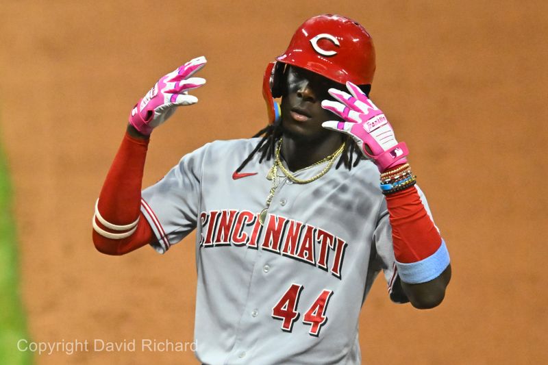 Sep 27, 2023; Cleveland, Ohio, USA; Cincinnati Reds shortstop Elly De La Cruz (44) celebrates his single in the fifth inning against the Cleveland Guardians at Progressive Field. Mandatory Credit: David Richard-USA TODAY Sports