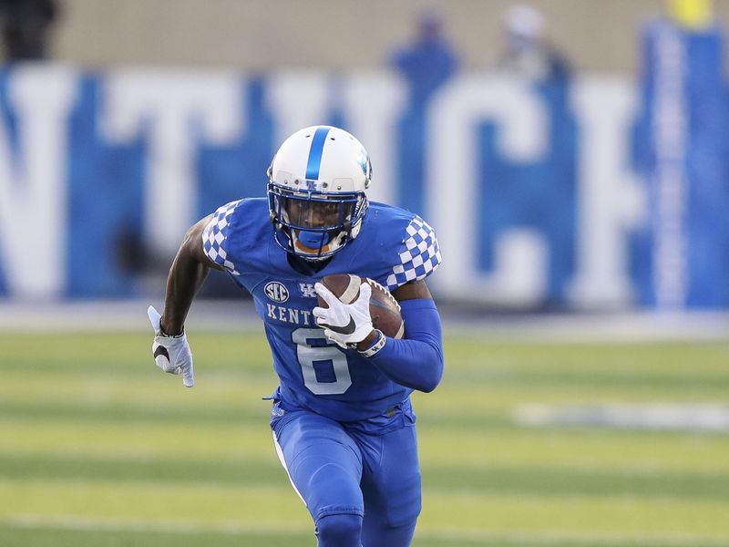 Oct 3, 2020; Lexington, Kentucky, USA; Kentucky Wildcats wide receiver Josh Ali (6) runs with the ball in the second half against Mississippi at Kroger Field. Mandatory Credit: Katie Stratman-USA TODAY Sports