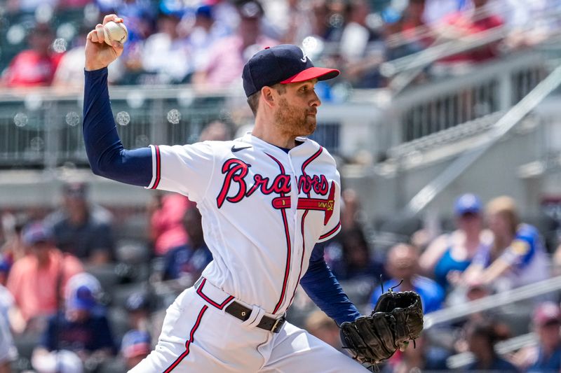 Aug 2, 2023; Cumberland, Georgia, USA; Atlanta Braves relief pitcher Collin McHugh (32) pitches against the Los Angeles Angels during the ninth inning at Truist Park. Mandatory Credit: Dale Zanine-USA TODAY Sports