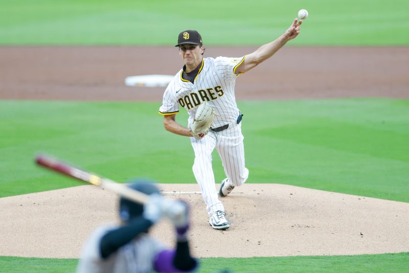 Apr 12, 2025; San Diego, California, USA; San Diego Padres starting pitcher Kyle Hart (68) throws a pitch during the first inning against the Colorado Rockies at Petco Park. Mandatory Credit: David Frerker-Imagn Images
