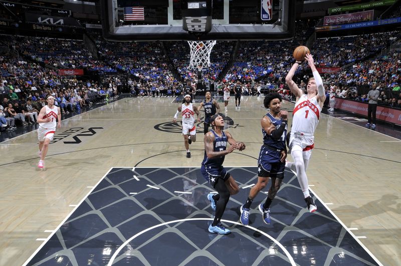ORLANDO, FL - MARCH 17: Gradey Dick #1 of the Toronto Raptors drives to the basket during the game against the Orlando Magic on March 17, 2024 at the Kia Center in Orlando, Florida. NOTE TO USER: User expressly acknowledges and agrees that, by downloading and or using this photograph, User is consenting to the terms and conditions of the Getty Images License Agreement. Mandatory Copyright Notice: Copyright 2024 NBAE (Photo by Fernando Medina/NBAE via Getty Images)