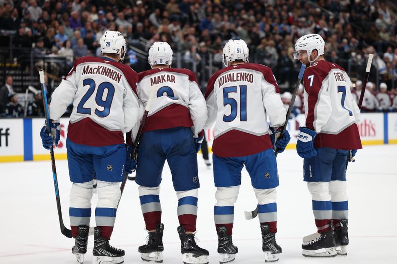 Oct 24, 2024; Salt Lake City, Utah, USA; Colorado Avalanche defenseman Cale Makar (8) celebrates a goal against the Utah Hockey Club during the first period at Delta Center. Mandatory Credit: Rob Gray-Imagn Images