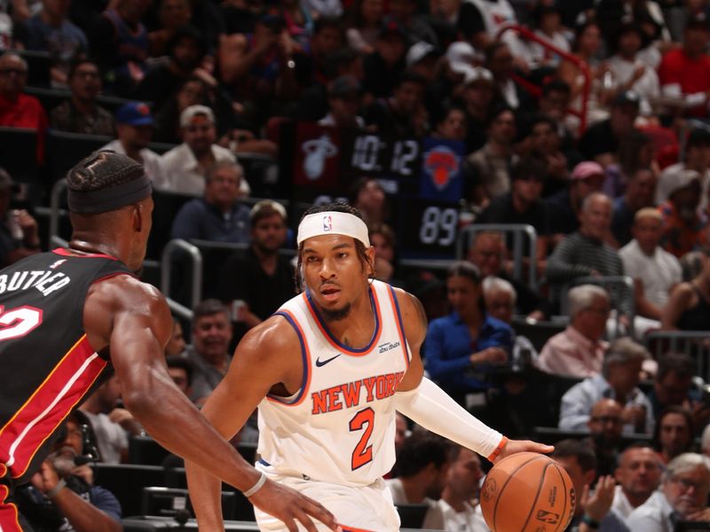 MIAMI, FL - OCTOBER 30: Miles McBride #2 of the New York Knicks dribbles the ball during the game against the Miami Heat on October 30, 2024 at Kaseya Center in Miami, Florida. NOTE TO USER: User expressly acknowledges and agrees that, by downloading and or using this Photograph, user is consenting to the terms and conditions of the Getty Images License Agreement. Mandatory Copyright Notice: Copyright 2024 NBAE (Photo by Issac Baldizon/NBAE via Getty Images)