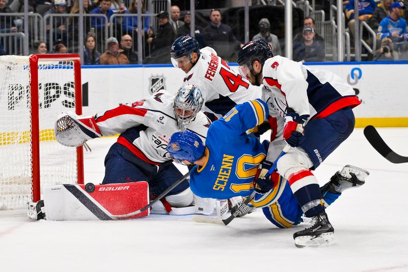 Nov 9, 2024; St. Louis, Missouri, USA;  Washington Capitals goaltender Logan Thompson (48) defends the net against St. Louis Blues center Brayden Schenn (10) during the second period at Enterprise Center. Mandatory Credit: Jeff Curry-Imagn Images