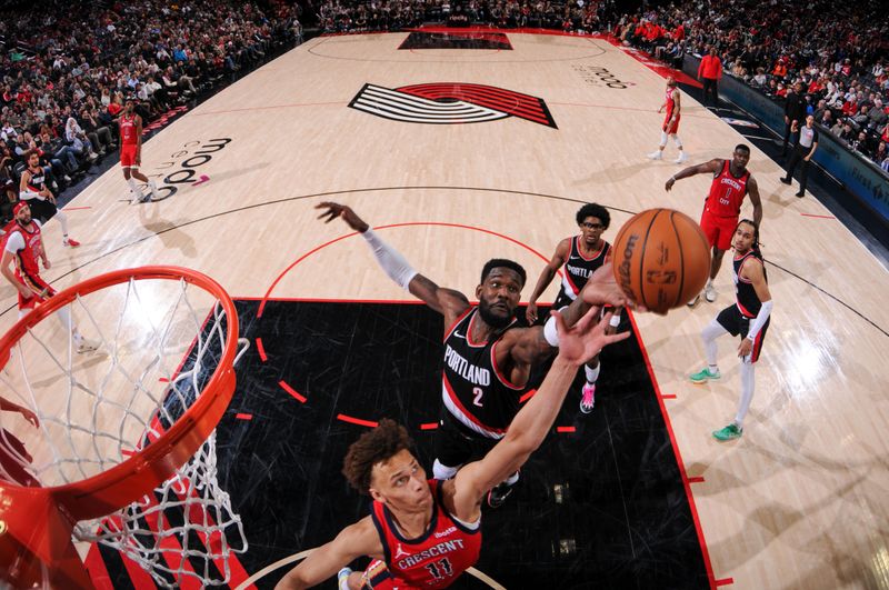 PORTLAND, OR - APRIL 9: Deandre Ayton #2 of the Portland Trail Blazers goes up for the rebound during the game against the New Orleans Pelicans on April 9, 2024 at the Moda Center Arena in Portland, Oregon. NOTE TO USER: User expressly acknowledges and agrees that, by downloading and or using this photograph, user is consenting to the terms and conditions of the Getty Images License Agreement. Mandatory Copyright Notice: Copyright 2024 NBAE (Photo by Cameron Browne/NBAE via Getty Images)