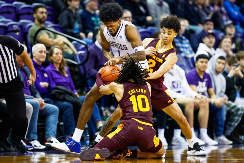 Jan 26, 2023; Seattle, Washington, USA; Arizona State Sun Devils guard Frankie Collins (10) steals the ball from Washington Huskies forward Keion Brooks (1) during overtime at Alaska Airlines Arena at Hec Edmundson Pavilion. Arizona State Sun Devils guard Austin Nunez (2) follows the play from right. Mandatory Credit: Joe Nicholson-USA TODAY Sports