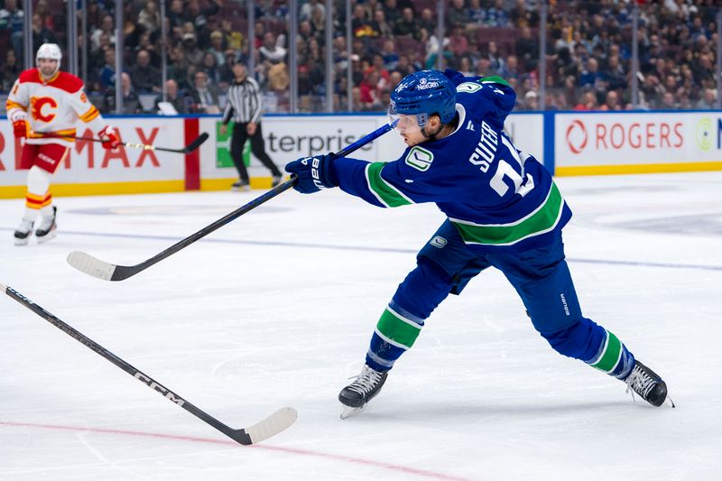 Nov 12, 2024; Vancouver, British Columbia, CAN; Vancouver Canucks forward Pius Suter (24) shoots against the Calgary Flames during the second period at Rogers Arena. Mandatory Credit: Bob Frid-Imagn Images