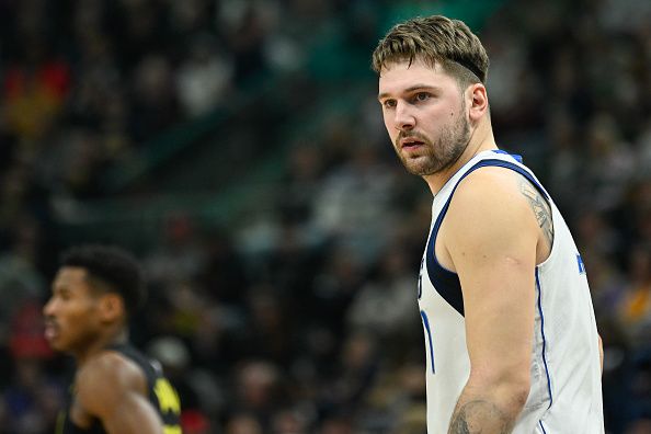 SALT LAKE CITY, UTAH - JANUARY 01: Luka Doncic #77 of the Dallas Mavericks looks on during a game against the Utah Jazz at Delta Center on January 01, 2024 in Salt Lake City, Utah. NOTE TO USER: User expressly acknowledges and agrees that, by downloading and or using this photograph, User is consenting to the terms and conditions of the Getty Images License Agreement. (Photo by Alex Goodlett/Getty Images)