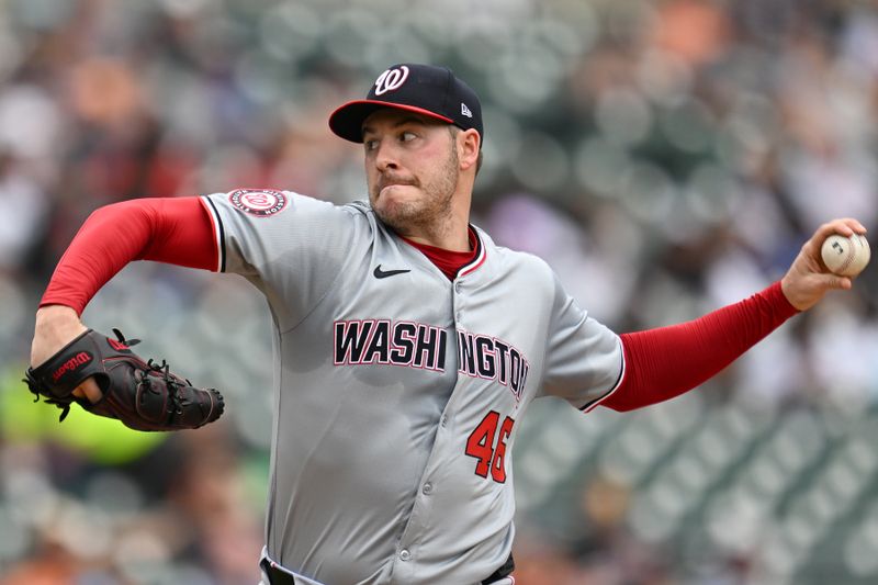 Jun 13, 2024; Detroit, Michigan, USA;  Washington Nationals starting pitcher Patrick Corbin (46) throws a pitch against the Detroit Tigers in the first inning at Comerica Park. Mandatory Credit: Lon Horwedel-USA TODAY Sports