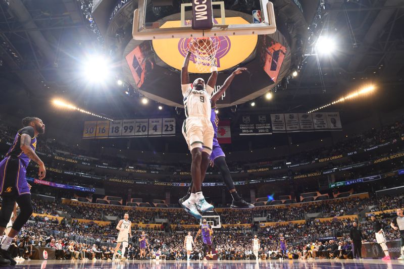 LOS ANGELES, CA - MARCH 8: Bobby Portis #9 of the Milwaukee Bucks dunks the ball during the game against the Los Angeles Lakers on March 8, 2024 at Crypto.Com Arena in Los Angeles, California. NOTE TO USER: User expressly acknowledges and agrees that, by downloading and/or using this Photograph, user is consenting to the terms and conditions of the Getty Images License Agreement. Mandatory Copyright Notice: Copyright 2024 NBAE (Photo by Andrew D. Bernstein/NBAE via Getty Images)