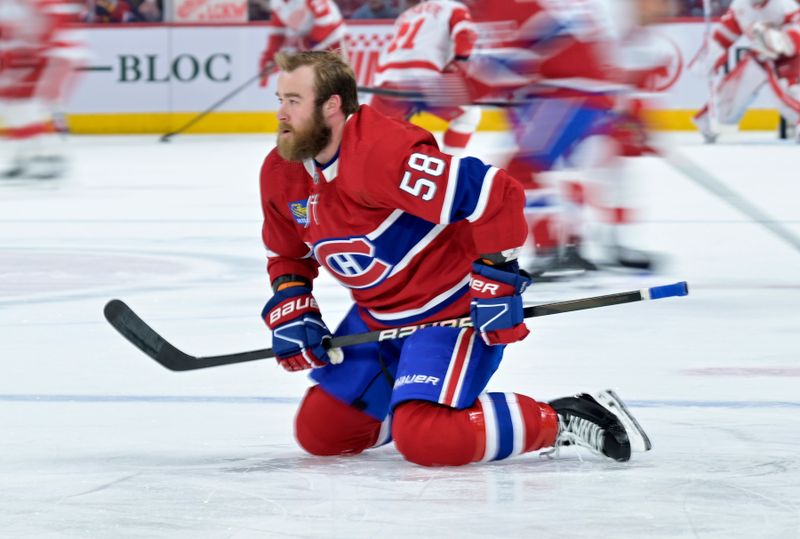 Apr 16, 2024; Montreal, Quebec, CAN; Montreal Canadiens defenseman David Savard (58) stretches during the warmup period before the game against the Detroit Red Wings at the Bell Centre. Mandatory Credit: Eric Bolte-USA TODAY Sports