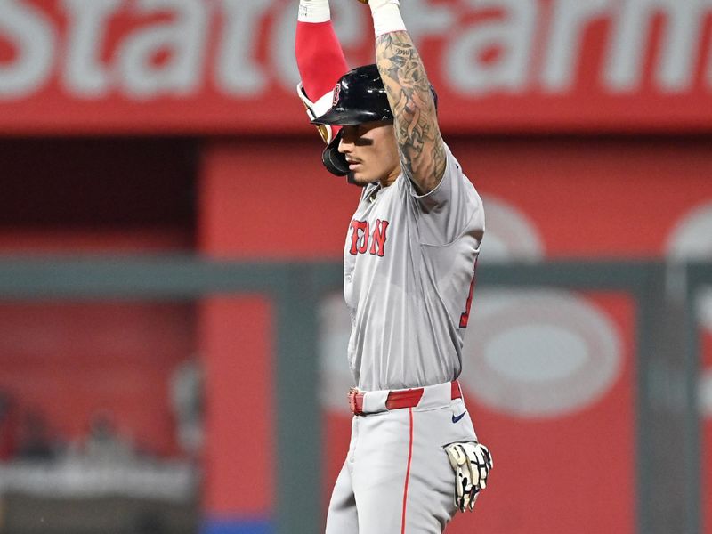 Aug 5, 2024; Kansas City, Missouri, USA;  Boston Red Sox left fielder Jarren Duran (16) reacts after hitting a two run double in the sixth inning against the Kansas City Royals at Kauffman Stadium. Mandatory Credit: Peter Aiken-USA TODAY Sports