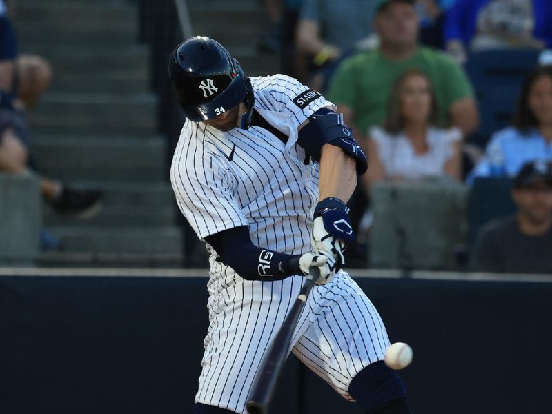 Mar 11, 2026; Tampa, Florida, USA;  New York Yankees outfielder Randal Grichuk (34) hits an RBI double during the third inning against the Toronto Blue Jays at George M. Steinbrenner Field. Mandatory Credit: Kim Klement Neitzel-Imagn Images