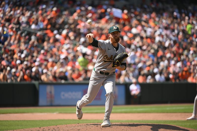 Apr 28, 2024; Baltimore, Maryland, USA;  Oakland Athletics starting pitcher Paul Blackburn (58) throws to first base during the fourth inning against the Baltimore Orioles at Oriole Park at Camden Yards. Mandatory Credit: James A. Pittman-USA TODAY Sports