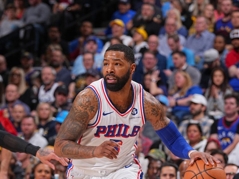 DENVER, CO - JANUARY 27: Marcus Morris Sr. #5 of the Philadelphia 76ers handles the ball during the game against the Denver Nuggets on January 27, 2024 at the Ball Arena in Denver, Colorado. NOTE TO USER: User expressly acknowledges and agrees that, by downloading and/or using this Photograph, user is consenting to the terms and conditions of the Getty Images License Agreement. Mandatory Copyright Notice: Copyright 2024 NBAE (Photo by Bart Young/NBAE via Getty Images)