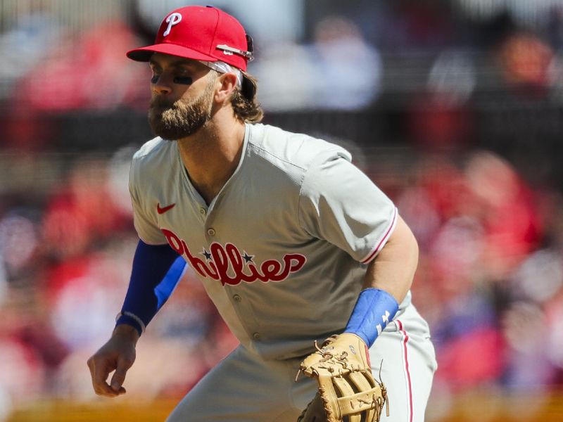 Apr 25, 2024; Cincinnati, Ohio, USA; Philadelphia Phillies first baseman Bryce Harper (3) prepares for the pitch in the eighth inning against the Cincinnati Reds at Great American Ball Park. Mandatory Credit: Katie Stratman-USA TODAY Sports