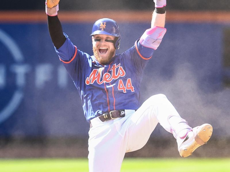 May 26, 2024; New York City, New York, USA;  New York Mets center fielder Harrison Bader (44) celebrates after hitting a game tying two run double in the ninth inning against the San Francisco Giants at Citi Field. Mandatory Credit: Wendell Cruz-USA TODAY Sports