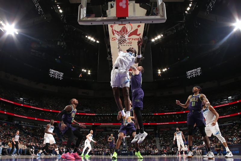 NEW ORLEANS, LA - JANUARY 7: Naz Reid #11 of the Minnesota Timberwolves rebounds during the game against the New Orleans Pelicans on January 7, 2025 at the Smoothie King Center in New Orleans, Louisiana. NOTE TO USER: User expressly acknowledges and agrees that, by downloading and or using this Photograph, user is consenting to the terms and conditions of the Getty Images License Agreement. Mandatory Copyright Notice: Copyright 2025 NBAE(Photo by Layne Murdoch Jr./NBAE via Getty Images)