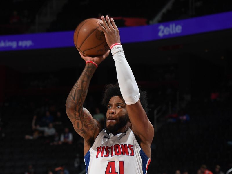 DETROIT, MI - OCTOBER 11: Saddiq Bey #41 of the Detroit Pistons shoots a the ball during the game against the Oklahoma City Thunder on October 11, 2022 at Little Caesars Arena in Detroit, Michigan. NOTE TO USER: User expressly acknowledges and agrees that, by downloading and/or using this photograph, User is consenting to the terms and conditions of the Getty Images License Agreement. Mandatory Copyright Notice: Copyright 2022 NBAE (Photo by Chris Schwegler/NBAE via Getty Images)