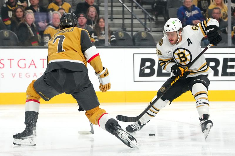 iJan 11, 2024; Las Vegas, Nevada, USA; Boston Bruins right wing David Pastrnak (88) skates around Vegas Golden Knights defenseman Alex Pietrangelo (7) during the first period at T-Mobile Arena. Mandatory Credit: Stephen R. Sylvanie-USA TODAY Sports