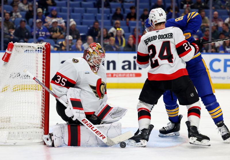 Nov 5, 2024; Buffalo, New York, USA;  Ottawa Senators goaltender Linus Ullmark (35) makes a save during the second period against the Buffalo Sabres at KeyBank Center. Mandatory Credit: Timothy T. Ludwig-Imagn Images