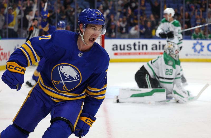 Oct 22, 2024; Buffalo, New York, USA;  Buffalo Sabres center Ryan McLeod (71) reacts after scoring a goal during the second period against the Dallas Stars at KeyBank Center. Mandatory Credit: Timothy T. Ludwig-Imagn Images