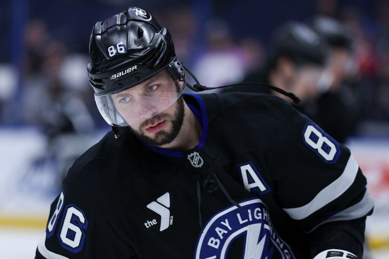 Feb 1, 2025; Tampa, Florida, USA; Tampa Bay Lightning right wing Nikita Kucherov (86) warms up before a game against the New York Islanders at Amalie Arena. Mandatory Credit: Nathan Ray Seebeck-Imagn Images