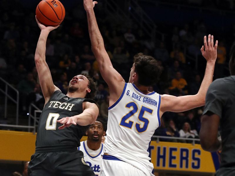 Feb 25, 2025; Pittsburgh, Pennsylvania, USA;  Georgia Tech Yellow Jackets guard Lance Terry (0) shoots against Pittsburgh Panthers forward Guillermo Diaz Graham (25) during the second half at the Petersen Events Center. Mandatory Credit: Charles LeClaire-Imagn Images