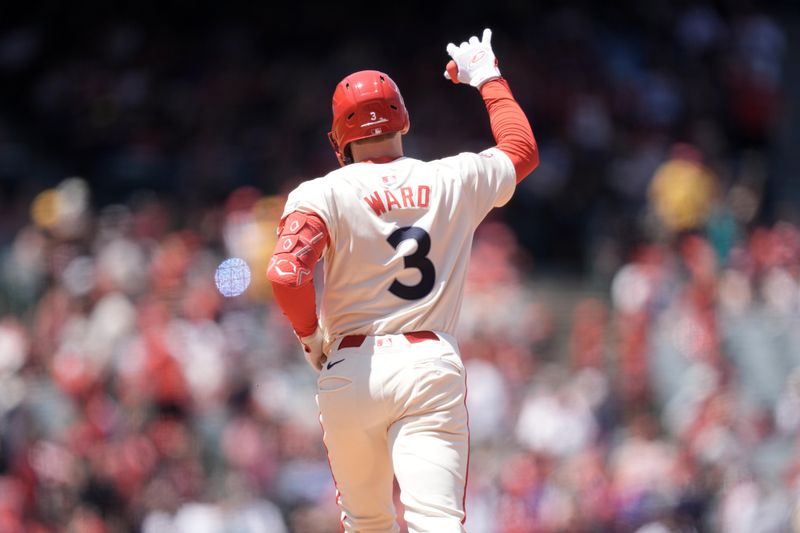 Jun 8, 2025; Anaheim, California, USA; Los Angeles Angels left fielder Taylor Ward (3) gestures after hitting a two-run home run in the fourth inning against the Seattle Mariners at Angel Stadium. Mandatory Credit: Kirby Lee-Imagn Images