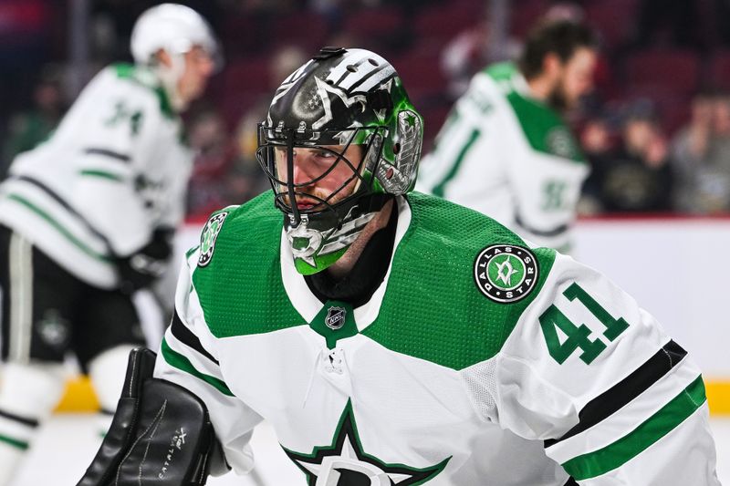 Oct 22, 2022; Montreal, Quebec, CAN; Dallas Stars goalie Scott Wedgewood (41) skates during warmup before a game against the Montreal Canadiens at Bell Centre. Mandatory Credit: David Kirouac-USA TODAY Sports