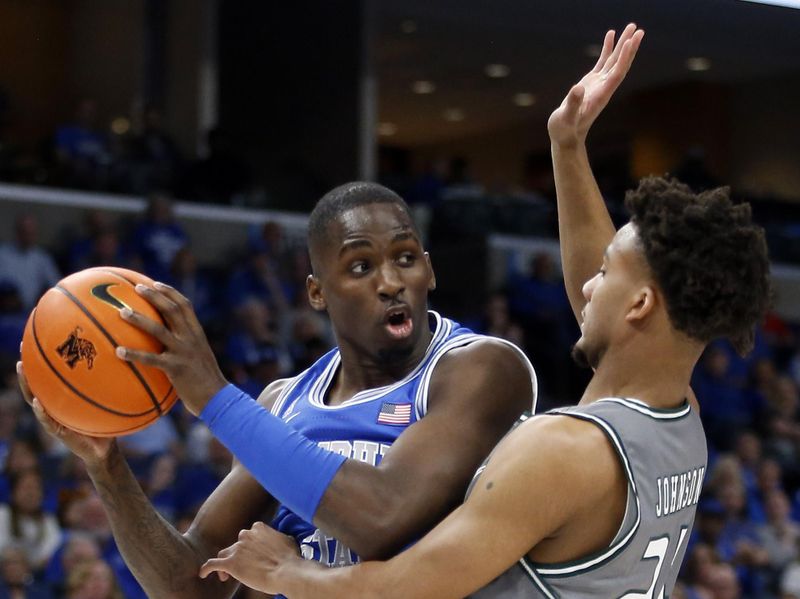 Mar 3, 2024; Memphis, Tennessee, USA; Memphis Tigers forward David Jones (8) drives to the basket as UAB Blazers guard Efrem Johnson (24) defends during the first half at FedExForum. Mandatory Credit: Petre Thomas-USA TODAY Sports