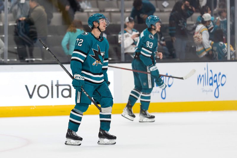 Nov 14, 2023; San Jose, California, USA; San Jose Sharks center William Eklund (72) reacts as the team loses to the Florida Panthers at SAP Center at San Jose. Mandatory Credit: Stan Szeto-USA TODAY Sports