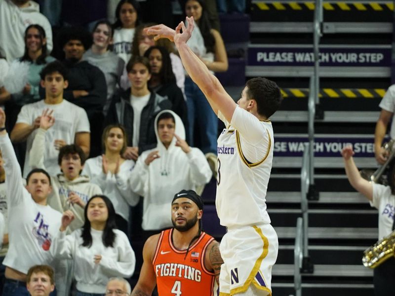 Jan 14, 2026; Evanston, Illinois, USA; Northwestern Wildcats guard Jake West (3) makes a three point basket as Illinois Fighting Illini guard Kylan Boswell (4) defends during the first half at Welsh-Ryan Arena. Mandatory Credit: David Banks-Imagn Images