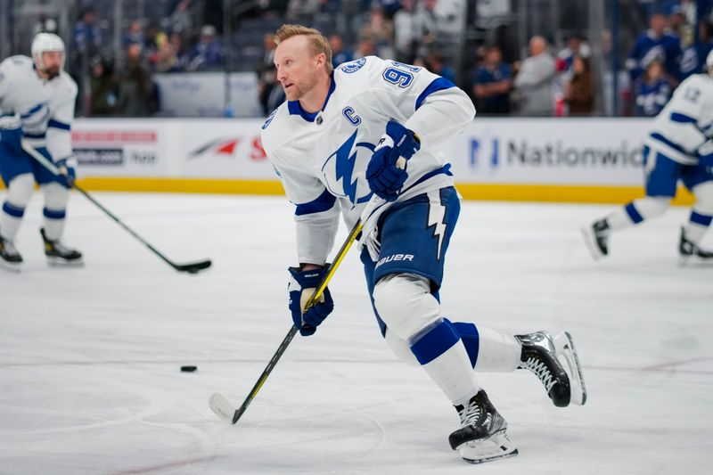 Nov 2, 2023; Columbus, Ohio, USA;  Tampa Bay Lightning center Steven Stamkos (91) skates during warmups before a game against the Columbus Blue Jackets at Nationwide Arena. Mandatory Credit: Aaron Doster-USA TODAY Sports