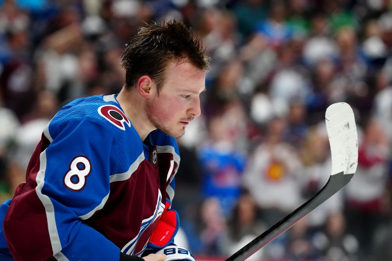 May 17, 2024; Denver, Colorado, USA; Colorado Avalanche defenseman Cale Makar (8) during the first period against the Dallas Stars in game six of the second round of the 2024 Stanley Cup Playoffs at Ball Arena. Mandatory Credit: Ron Chenoy-USA TODAY Sports