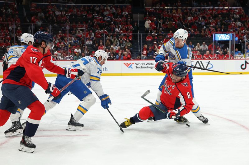 Nov 5, 2025; Washington, District of Columbia, USA; Washington Capitals left wing Alex Ovechkin (8) is checked by St. Louis Blues right wing Alexey Toropchenko (13) while battling for the puck during the first period at Capital One Arena. Mandatory Credit: Geoff Burke-Imagn Images