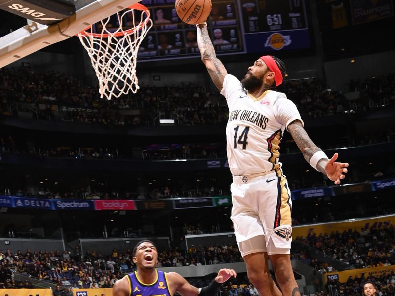 LOS ANGELES, CA - FEBRUARY 9: Brandon Ingram #14 of the New Orleans Pelicans drives to the basket during the game against the Los Angeles Lakers on February 9, 2024 at Crypto.Com Arena in Los Angeles, California. NOTE TO USER: User expressly acknowledges and agrees that, by downloading and/or using this Photograph, user is consenting to the terms and conditions of the Getty Images License Agreement. Mandatory Copyright Notice: Copyright 2024 NBAE (Photo by Andrew D. Bernstein/NBAE via Getty Images)