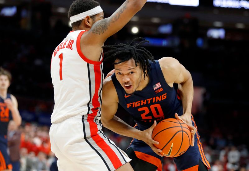 Feb 26, 2023; Columbus, Ohio, USA; Illinois Fighting Illini forward Ty Rodgers (20) controls the ball as Ohio State Buckeyes guard Roddy Gayle Jr. (1) defends during the first half at Value City Arena. Mandatory Credit: Joseph Maiorana-USA TODAY Sports