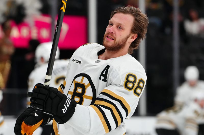 Jan 11, 2024; Las Vegas, Nevada, USA; Boston Bruins right wing David Pastrnak (88) warms up before a game against the Vegas Golden Knights at T-Mobile Arena. Mandatory Credit: Stephen R. Sylvanie-USA TODAY Sports