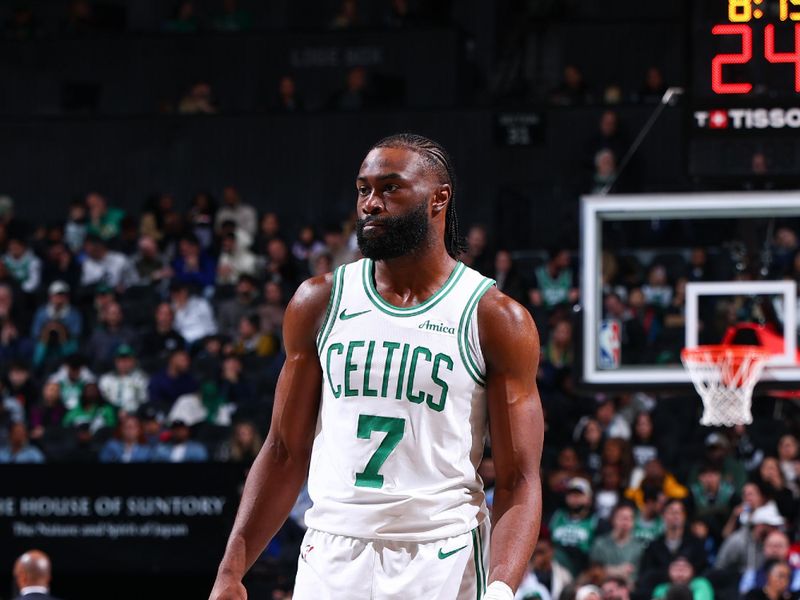 BROOKLYN, NY - MARCH 15: Jaylen Brown #7 of the Boston Celtics looks on during the game against the Brooklyn Nets on March 15, 2025 at Barclays Center in Brooklyn, New York. NOTE TO USER: User expressly acknowledges and agrees that, by downloading and or using this Photograph, user is consenting to the terms and conditions of the Getty Images License Agreement. Mandatory Copyright Notice: Copyright 2025 NBAE (Photo by David L. Nemec/NBAE via Getty Images)