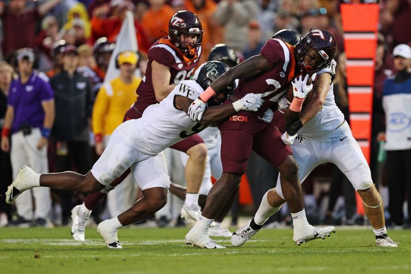 Oct 14, 2023; Blacksburg, Virginia, USA; Virginia Tech Hokies running back Malachi Thomas (24) runs the ball against Wake Forest Demon Deacons defensive back Chelen Garnes (9) during the third quarter at Lane Stadium. Mandatory Credit: Peter Casey-USA TODAY Sports