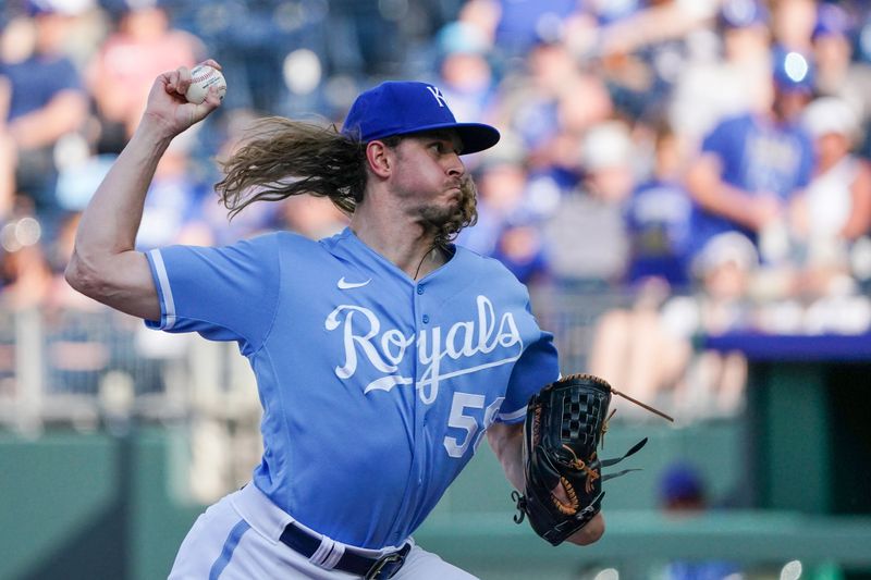 May 27, 2023; Kansas City, Missouri, USA; Kansas City Royals relief pitcher Scott Barlow (58) delivers against the Washington Nationals in the ninth inning at Kauffman Stadium. Mandatory Credit: Denny Medley-USA TODAY Sports