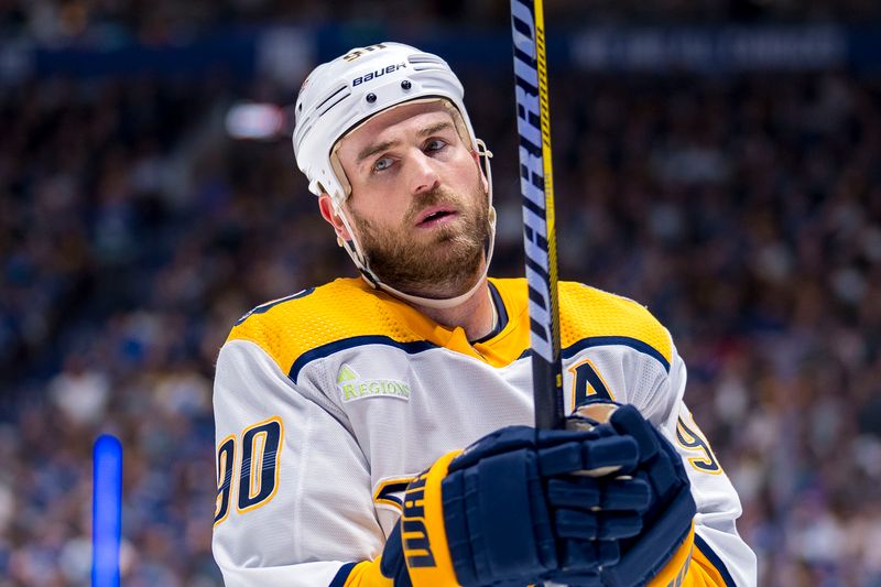 Apr 21, 2024; Vancouver, British Columbia, CAN; Nashville Predators forward Ryan O'Reilly (90) during a stop in play against the Vancouver Canucks in the third period in game one of the first round of the 2024 Stanley Cup Playoffs at Rogers Arena.  Mandatory Credit: Bob Frid-USA TODAY Sports