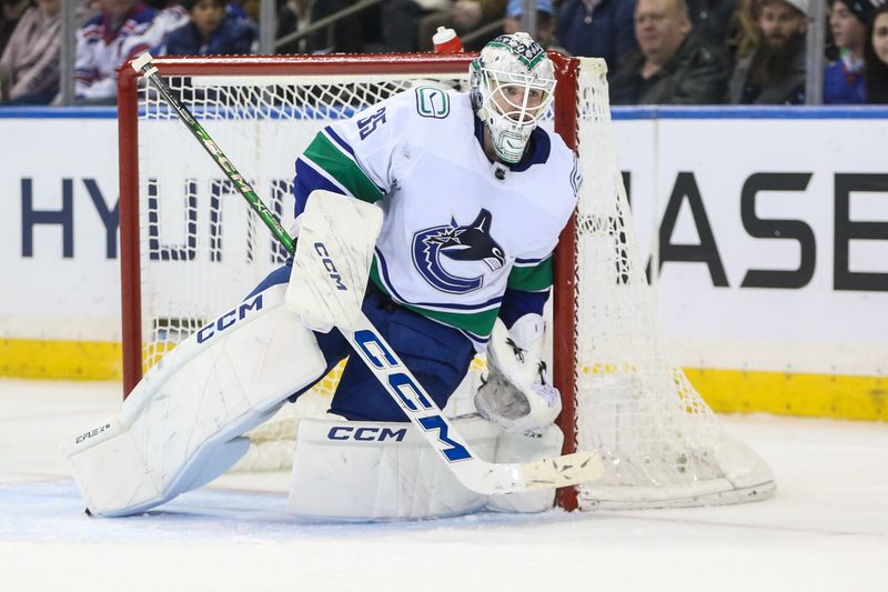 Jan 8, 2024; New York, New York, USA;  Vancouver Canucks goaltender Thatcher Demko (35) tends net in the third period against the New York Rangers at Madison Square Garden. Mandatory Credit: Wendell Cruz-USA TODAY Sports