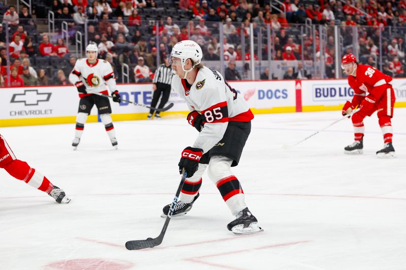 Dec 9, 2023; Detroit, Michigan, USA; Ottawa Senators defenseman Jake Sanderson (85) handles the puck during the third period at Little Caesars Arena. Mandatory Credit: Brian Bradshaw Sevald-USA TODAY Sports